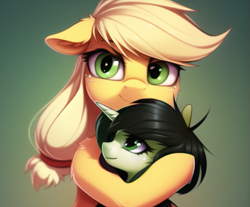 Size: 599x497 | Tagged: safe, imported from derpibooru, applejack, oc, oc:filly anon, earth pony, pony, unicorn, ai content, ai generated, cute, duo, female, filly, floppy ears, hug, jackabetes