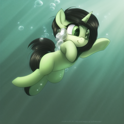 Size: 640x640 | Tagged: safe, imported from derpibooru, oc, oc only, oc:filly anon, pony, unicorn, ai content, ai generated, female, filly, foal, smiling, solo, swimming, underwater, water