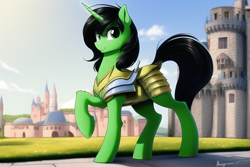 Size: 768x512 | Tagged: safe, imported from derpibooru, oc, oc only, oc:anon-mare, pony, unicorn, ai content, ai generated, armor, building, castle, female, grass, horn, looking at you, mare, raised hoof, signature, solo