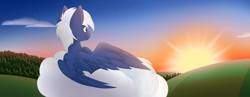 Size: 7456x2904 | Tagged: safe, artist:feather_bloom, imported from derpibooru, oc, oc only, oc:hazy hint, pegasus, pony, cloud, commission, detailed, detailed background, on a cloud, shading, solo, sunset