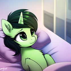 Size: 640x640 | Tagged: safe, imported from derpibooru, oc, oc:filly anon, pony, unicorn, ai content, ai generated, bed, chest fluff, ear fluff, female, filly, foal, solo