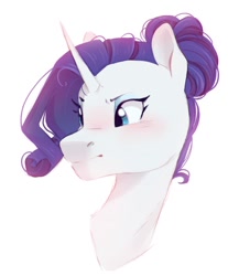 Size: 884x1066 | Tagged: safe, artist:melodylibris, imported from derpibooru, rarity, pony, unicorn, alternate hairstyle, blushing, bust, ear blush, female, hair bun, looking away, mare, portrait, simple background, solo, three quarter view, white background