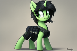 Size: 768x512 | Tagged: safe, imported from derpibooru, oc, oc only, oc:filly anon, pony, unicorn, ai content, ai generated, female, filly, foal, gray background, horn, looking sideways, military, signature, simple background, solo