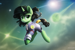 Size: 768x512 | Tagged: safe, imported from derpibooru, oc, oc only, oc:filly anon, pony, unicorn, ai content, ai generated, clothes, female, filly, foal, looking at you, solo, space, uniform, zero gravity