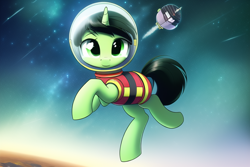 Size: 768x512 | Tagged: safe, imported from derpibooru, oc, oc:filly anon, pony, ai content, ai generated, female, filly, foal, solo, space, spacesuit, zero gravity