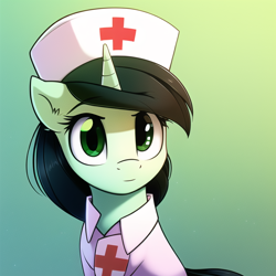 Size: 640x640 | Tagged: safe, imported from derpibooru, oc, oc:filly anon, pony, ai content, ai generated, female, filly, foal, hat, nurse, nurse hat, solo