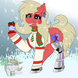 Size: 1200x1200 | Tagged: safe, artist:gray star, imported from derpibooru, oc, oc only, oc:scarlet star, cyborg, earth pony, pony, butt fluff, butt freckles, chest fluff, chocolate, christmas, christmas lights, clothes, cyberpunk, ear fluff, ear piercing, female, fluffy, food, freckles, glasses, hearth's warming eve, holiday, hot chocolate, mare, nighthaze, piercing, scarf, snow, snowfall, solo, striped scarf, sweater, trans female, transgender, transgender oc, unshorn fetlocks