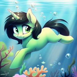 Size: 640x640 | Tagged: safe, imported from derpibooru, oc, oc:filly anon, pony, ai content, ai generated, coral, female, filly, foal, solo, swimming, underwater, water