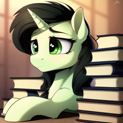 Size: 640x640 | Tagged: safe, imported from derpibooru, oc, oc:filly anon, pony, unicorn, ai content, ai generated, book, female, filly, foal, solo