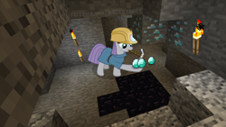Size: 1600x900 | Tagged: safe, imported from derpibooru, maud pie, earth pony, pony, cave, diamond, diamond ore, female, helmet, hoof hold, mare, minecraft, mining helmet, mouth hold, pickaxe, torch, underground