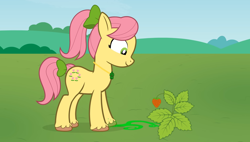 Size: 1892x1075 | Tagged: safe, artist:forgalorga, imported from derpibooru, earth pony, pony, bow, earth pony magic, female, field, food, g4, g5, g5 to g4, gem, generation leap, grass, grass field, hair bow, jewelry, looking down, magic, make new friends, mare, my little pony: a new generation, necklace, plant, ponytail, posey bloom, smiling, strawberry, tail, tail bow, unshorn fetlocks