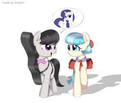 Size: 2000x1700 | Tagged: safe, artist:vinilyart, imported from derpibooru, coco pommel, octavia melody, rarity, earth pony, pony, unicorn, bag, cello case, duo, duo female, female, saddle bag, simple background, thought bubble, white background