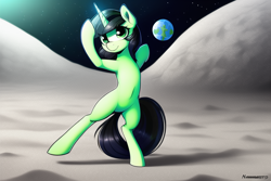 Size: 768x512 | Tagged: safe, imported from derpibooru, oc, oc:filly anon, pony, unicorn, ai content, ai generated, belly, bipedal, dancing, equus, female, filly, foal, on the moon, solo