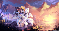 Size: 2587x1366 | Tagged: safe, artist:ramiras, imported from derpibooru, oc, oc only, pegasus, pony, unicorn, beach, beach umbrella, bench, chest fluff, city, commission, ear fluff, palm tree, sitting, tree, trio