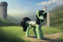 Size: 768x512 | Tagged: safe, imported from derpibooru, oc, oc only, oc:anon-mare, pony, unicorn, ai content, ai generated, armor, castle, female, mare, solo