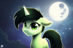 Size: 768x512 | Tagged: safe, imported from derpibooru, oc, oc only, oc:filly anon, pony, unicorn, ai content, ai generated, female, filly, floppy ears, foal, full moon, moon, night, night sky, sky, solo