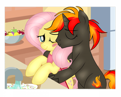 Size: 960x768 | Tagged: safe, artist:yesic01, imported from derpibooru, fluttershy, oc, pegasus, pony, unicorn, apple, apron, base used, blushing, cheek kiss, clothes, commission, dishes, duo, female, food, hug, hug from behind, kissing, kitchen, mare, naked apron, one eye closed, partial nudity, wink