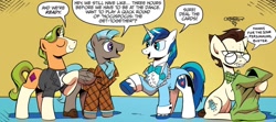 Size: 1334x594 | Tagged: safe, artist:andypriceart, idw, imported from derpibooru, gaffer, gizmo, shining armor, earth pony, pegasus, pony, unicorn, neigh anything, spoiler:comic, spoiler:comic12, 8-bit (g4), clothes, dialogue, emanata, g4, group, magic the gathering, male, quartet, speech bubble, stallion, teen shining armor, tuxedo, younger
