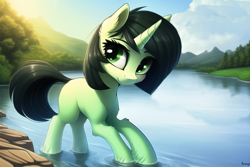 Size: 768x512 | Tagged: safe, imported from derpibooru, oc, oc only, oc:filly anon, pony, unicorn, ai content, ai generated, female, filly, foal, river, solo, tree, water