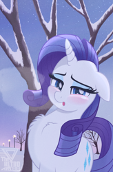 Size: 2000x3047 | Tagged: safe, artist:theretroart88, imported from derpibooru, rarity, pony, unicorn, blushing, chest fluff, female, looking at you, mare, movie accurate, snow, solo, tree, winter