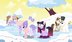 Size: 1280x753 | Tagged: safe, artist:cindystarlight, imported from derpibooru, oc, oc only, oc:flower heart, earth pony, pegasus, pony, unicorn, glowing, glowing horn, horn, magic, snow, snowball, snowball fight, snowman, telekinesis