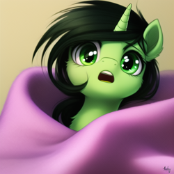 Size: 640x640 | Tagged: safe, imported from derpibooru, oc, oc only, oc:filly anon, pony, unicorn, :o, ai content, ai generated, blanket, bust, cheek fluff, ear fluff, female, filly, foal, looking at you, neck fluff, open mouth, solo, surprised, wide eyes