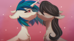 Size: 3840x2160 | Tagged: safe, artist:maybeweed, imported from derpibooru, dj pon-3, octavia melody, vinyl scratch, earth pony, pony, unicorn, chest fluff, female, floppy ears, gradient background, high res, imminent kissing, lesbian, scratchtavia, shipping, tongue out