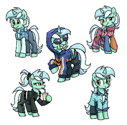 Size: 428x421 | Tagged: safe, artist:plunger, imported from derpibooru, lyra heartstrings, pony, unicorn, clothes, cute, female, hoodie, lyrabetes, mare, pants, scrunchie, shirt, simple background, sunglasses, vest, white background