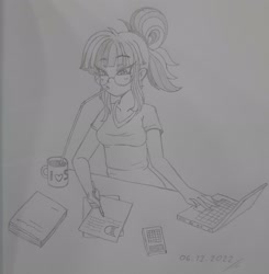 Size: 2250x2292 | Tagged: safe, artist:katanis, imported from derpibooru, sci-twi, twilight sparkle, human, equestria girls, calculator, coffee mug, computer, desk, drinking straw, female, glasses, laptop computer, monochrome, mug, pencil drawing, sitting, sketch, solo, straw, traditional art, working