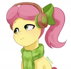 Size: 1797x1741 | Tagged: safe, artist:maren, imported from derpibooru, earth pony, pony, bow, clothes, doodle, earmuffs, female, g5, hair bow, mare, ponytail, posey bloom, scarf, simple background, solo, striped scarf, white background