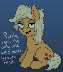 Size: 1600x1829 | Tagged: safe, artist:doodledonutart, imported from derpibooru, applejack, earth pony, pony, bags under eyes, blue background, chest fluff, dialogue, dishevelled, exhausted, messy mane, simple background, solo, tired