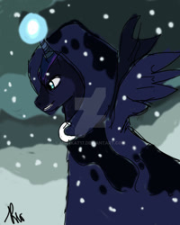 Size: 1024x1280 | Tagged: safe, artist:mirakat17, imported from derpibooru, princess luna, spirit of hearth's warming yet to come, alicorn, pony, a hearth's warming tail, cloak, clothes, glowing, glowing horn, horn, snow, snowfall, solo