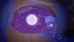 Size: 1280x721 | Tagged: safe, artist:hate-love12, imported from derpibooru, princess luna, pony, base used, bed, deviantart watermark, moon, obtrusive watermark, solo, watermark, window