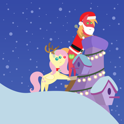 Size: 2160x2160 | Tagged: safe, anonymous artist, imported from derpibooru, big macintosh, fluttershy, earth pony, pegasus, pony, series:fm holidays, series:hearth's warming advent calendar 2022, advent calendar, animal costume, bell, bell collar, bipedal, bipedal leaning, chimney, christmas, christmas lights, clothes, collar, costume, fake antlers, fake beard, female, fluttermac, hat, high res, holiday, leaning, lineless, male, mare, night, pointy ponies, red nose, reindeer costume, santa costume, santa hat, shipping, snow, snowfall, stallion, straight