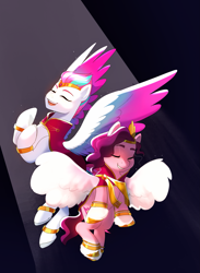 Size: 2075x2842 | Tagged: safe, artist:aztrial, imported from derpibooru, pipp petals, zipp storm, pegasus, pony, spoiler:g5, spoiler:winter wishday, clothes, colored wings, crown, duo, duo female, eye clipping through hair, eyebrows, eyes closed, female, flying, g5, gradient wings, grin, high res, jewelry, mare, my little pony: make your mark, my little pony: make your mark chapter 3, open mouth, open smile, regalia, royal sisters (g5), siblings, sisters, smiling, spread wings, wings, winter wishday