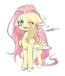 Size: 640x742 | Tagged: safe, artist:racoonman, imported from derpibooru, discord, fluttershy, pegasus, pony, blushing, chest fluff, colored hooves, colored wings, colored wingtips, cute, dialogue, disembodied hand, duo, female, floppy ears, hand, hand on cheek, hand on face, happy, implied discord, mare, offscreen character, open mouth, partially open wings, shyabetes, simple background, sketch, smiling, solo focus, standing, three quarter view, tickling, unshorn fetlocks, white background, wings