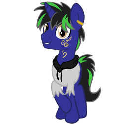 Size: 4096x4096 | Tagged: safe, artist:sjart117, imported from derpibooru, oc, oc only, oc:dust rock, pony, unicorn, derpibooru community collaboration, 2023 community collab, clothes, coat markings, crossed legs, drawstrings, ear piercing, earring, facial markings, golden eyes, hoodie, horn, jewelry, looking at you, male, piercing, raised hoof, simple background, smiling, smiling at you, solo, stallion, stallion oc, swirls, swirly markings, tail, transparent background, two toned mane, two toned tail, unicorn oc