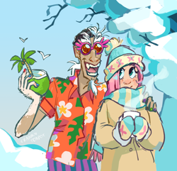 Size: 1280x1234 | Tagged: safe, artist:modmad, imported from derpibooru, discord, fluttershy, human, clothes, coat, drink, duo, duo male and female, female, hat, hawaiian shirt, humanized, male, open mouth, open smile, scarf, shirt, signature, smiling, steam, sunglasses, winter, winter hat