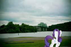 Size: 1600x1067 | Tagged: safe, artist:jaredking779, artist:psychoanalyticbrony, imported from derpibooru, rarity, pony, unicorn, butt, female, irl, looking away, mare, nashville, photo, plot, ponies in real life, river, solo, tennessee, water