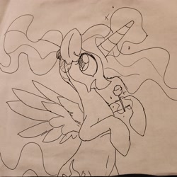Size: 2992x2992 | Tagged: safe, artist:datte-before-dawn, princess celestia, alicorn, pony, alternate hairstyle, candy, female, food, horn, lollipop, magic, mare, monochrome, ponytail, rearing, smiling, solo, spread wings, telekinesis, traditional art, wings