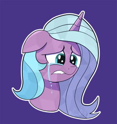 Size: 1920x2022 | Tagged: safe, artist:feralroku, idw, imported from derpibooru, radiant hope, crystal pony, pony, unicorn, bust, crying, floppy ears, lip bite, sad, simple background, solo, tears of pain