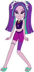 Size: 1294x2674 | Tagged: safe, artist:ajosterio, imported from derpibooru, aria blaze, human, equestria girls, ariabetes, belly button, clothes, compression shorts, cute, eyebrows, female, gem, grin, jewelry, lidded eyes, looking at you, midriff, necklace, ponytails, raised eyebrow, sandals, shirt, simple background, siren gem, sleeveless, smiling, smiling at you, solo, transparent background