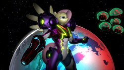 Size: 1280x720 | Tagged: safe, artist:warhammer50k, imported from derpibooru, fluttershy, anthro, pegasus, plantigrade anthro, 3d, angry face, arm cannon, badass, crossover, equis universe, fist, gravity suit, metroid, metroid (species), metroid dread, omega cannon, planet, power suit, shiny skin, source filmmaker, space