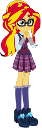 Size: 513x1568 | Tagged: safe, artist:ajosterio, imported from derpibooru, sunset shimmer, human, equestria girls, clothes, clothes swap, crystal prep academy uniform, cute, female, glasses, hands together, lidded eyes, long sleeves, necktie, school uniform, shimmerbetes, shoes, simple background, skirt, smiling, smug, socks, solo, transparent background, vest