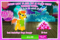Size: 1958x1300 | Tagged: safe, imported from derpibooru, earth pony, pony, advertisement, background character, background pony, clothes, costs real money, crunch time, english, gameloft, gem, glasses, male, microphone, my little pony: magic princess, numbers, official, sale, shirt, solo, solo focus, stage, stallion, text