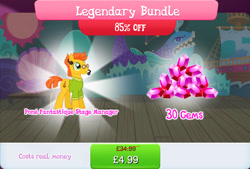 Size: 1265x856 | Tagged: safe, imported from derpibooru, earth pony, pony, background character, background pony, bundle, clothes, costs real money, crunch time, english, gameloft, gem, glasses, male, microphone, my little pony: magic princess, numbers, official, sale, shirt, solo, solo focus, stage, stallion, text