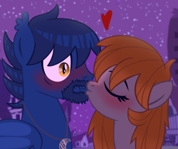 Size: 1000x841 | Tagged: safe, artist:jennieoo, imported from derpibooru, oc, oc:atin nyamic, oc:katysha snow, bat pony, pony, blushing, eyes closed, facial hair, jewelry, kiss on the lips, kissing, necklace, night, shocked, shocked expression, show accurate, sketch, snowpony