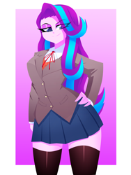 Size: 1500x2000 | Tagged: safe, artist:xan-gelx, imported from derpibooru, starlight glimmer, human, equestria girls, border, clothes, commission, cosplay, costume, doki doki literature club, eye clipping through hair, female, hand on hip, jacket, lidded eyes, school uniform, skirt, smiling, smug, socks, solo, thigh highs, thigh socks, video game crossover
