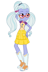 Size: 730x1095 | Tagged: safe, artist:ajosterio, imported from derpibooru, sugarcoat, human, equestria girls, boots, clothes, clothes swap, cowgirl outfit, denim, denim skirt, female, glasses, hairpin, hand behind back, jewelry, necklace, pockets, ponytails, shirt, shoes, simple background, skirt, smiling, solo, transparent background