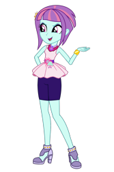 Size: 1024x1537 | Tagged: safe, artist:ajosterio, imported from derpibooru, sunny flare, human, equestria girls, clothes, clothes swap, female, gold, hand on hip, high heels, jewelry, necklace, open mouth, peplum dress, shoes, shorts, simple background, sleeveless, smiling, solo, transparent background, waistband, wristband